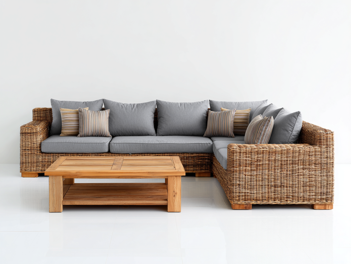 Outdoor Sofa Set woven rattan frame 95x63x32 inches - beige natural wood gray - modern outdoor corner lounge design-Livingilo