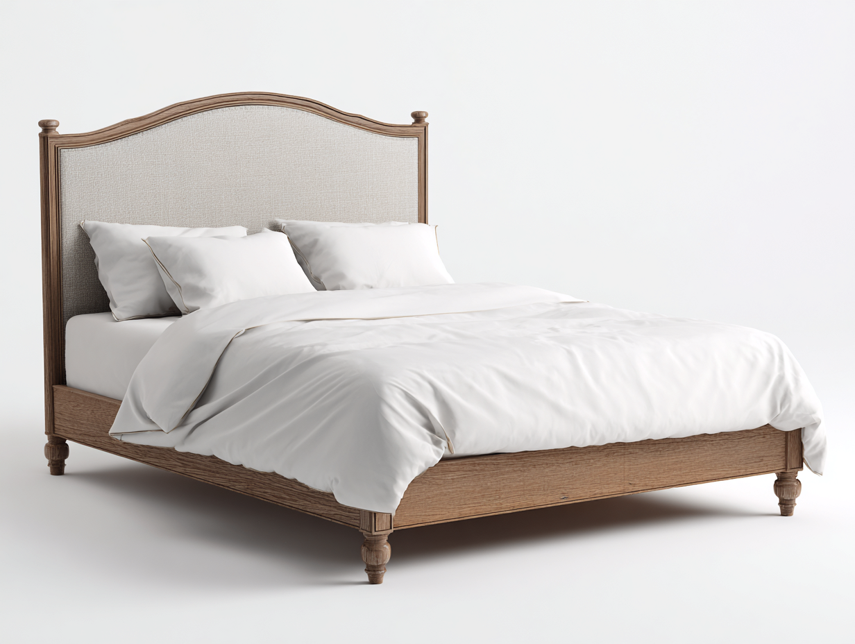 Queen Bed solid wood frame 84x63x55 inches - natural wood beige - classic upholstered design-Livingilo