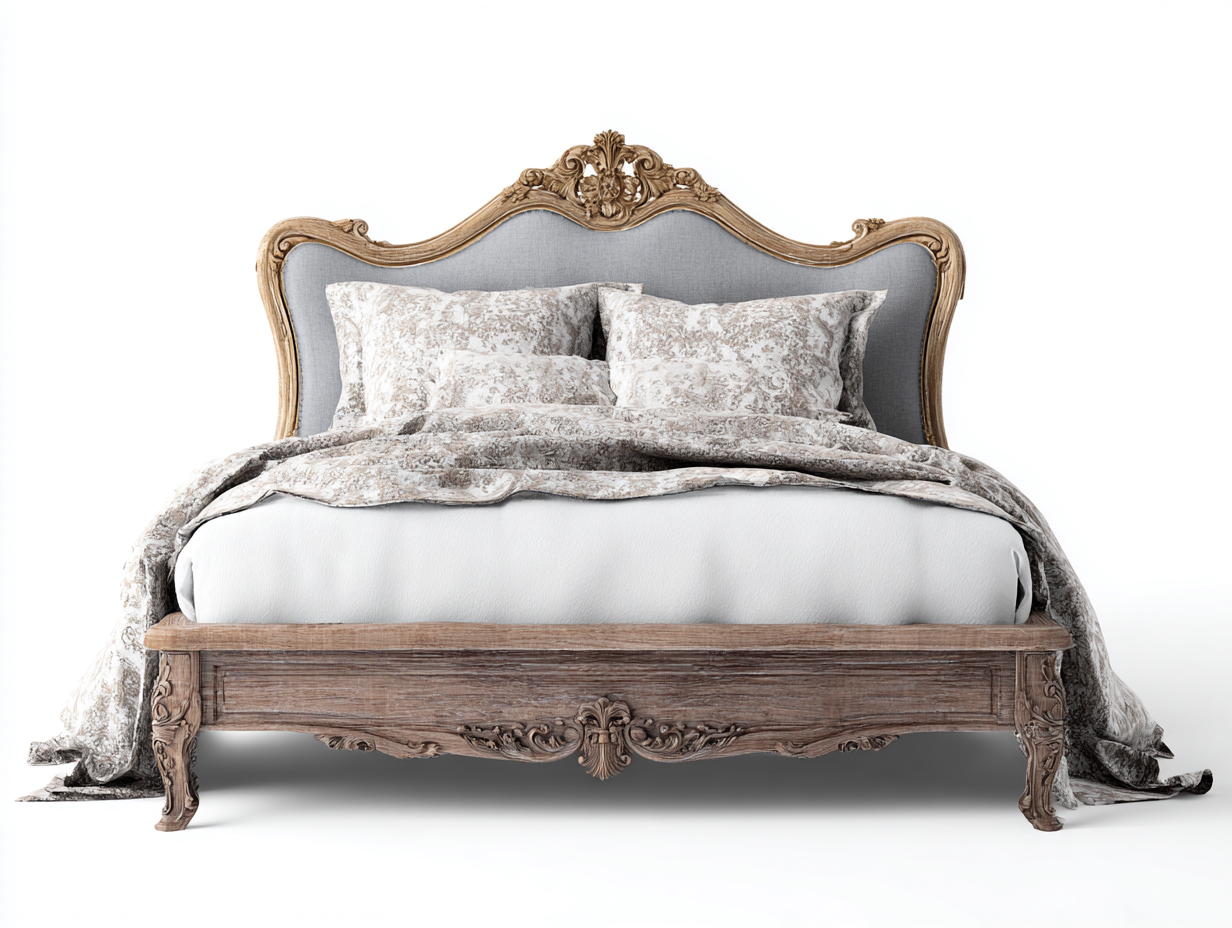 Queen Bed wooden frame upholstered headboard 80x60x55 inches for bedroom - brown-gray - classic design-Livingilo