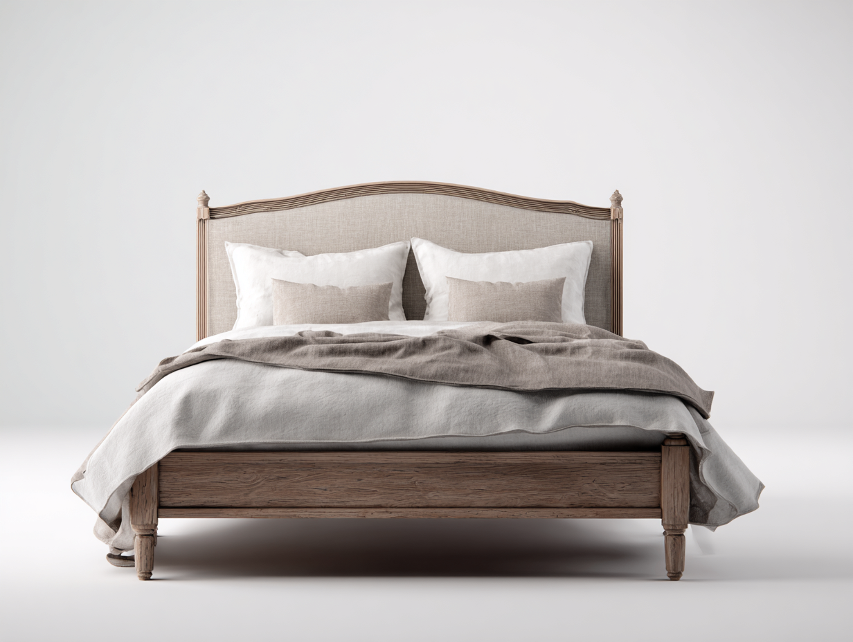 Queen Bed Solid Wood Upholstered Headboard 84x63x55 inches - Natural Wood and Beige - Classic Bedroom Design-Livingilo