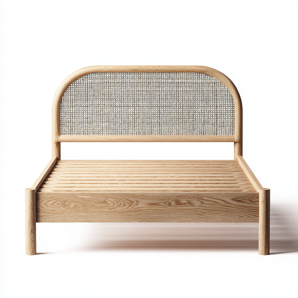 Queen Bed solid wood woven headboard 80x60x45 inches natural wood and beige for bedroom - modern design-Livingilo