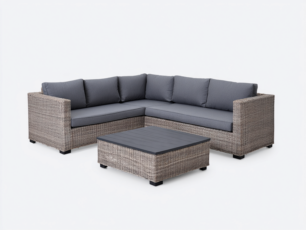 Outdoor Sofa Set wicker frame with cushions and coffee table 96x96x31 inches for patio garden - natural wood-dark gray - modern outdoor design-Livingilo