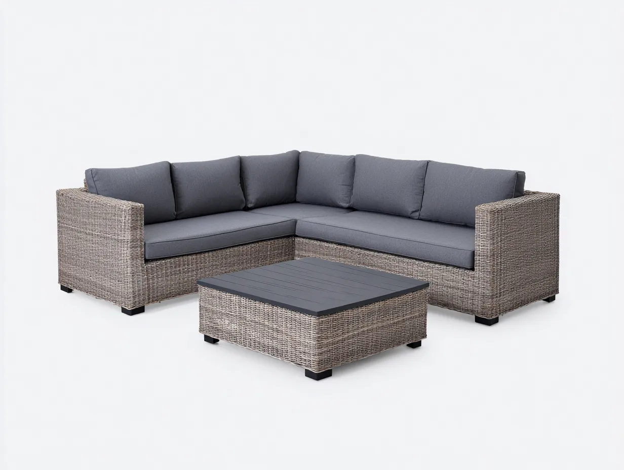 Outdoor Sofa Set wicker frame with cushions and coffee table 96x96x31 inches for patio garden - natural wood-dark gray - modern outdoor design-Livingilo