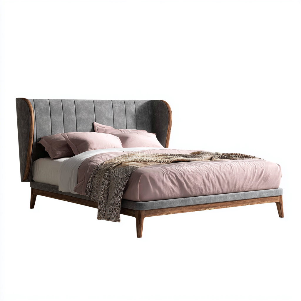 Queen Bed solid wood upholstered wingback headboard 80x60x48 inches brown and gray for bedroom - modern design-Livingilo