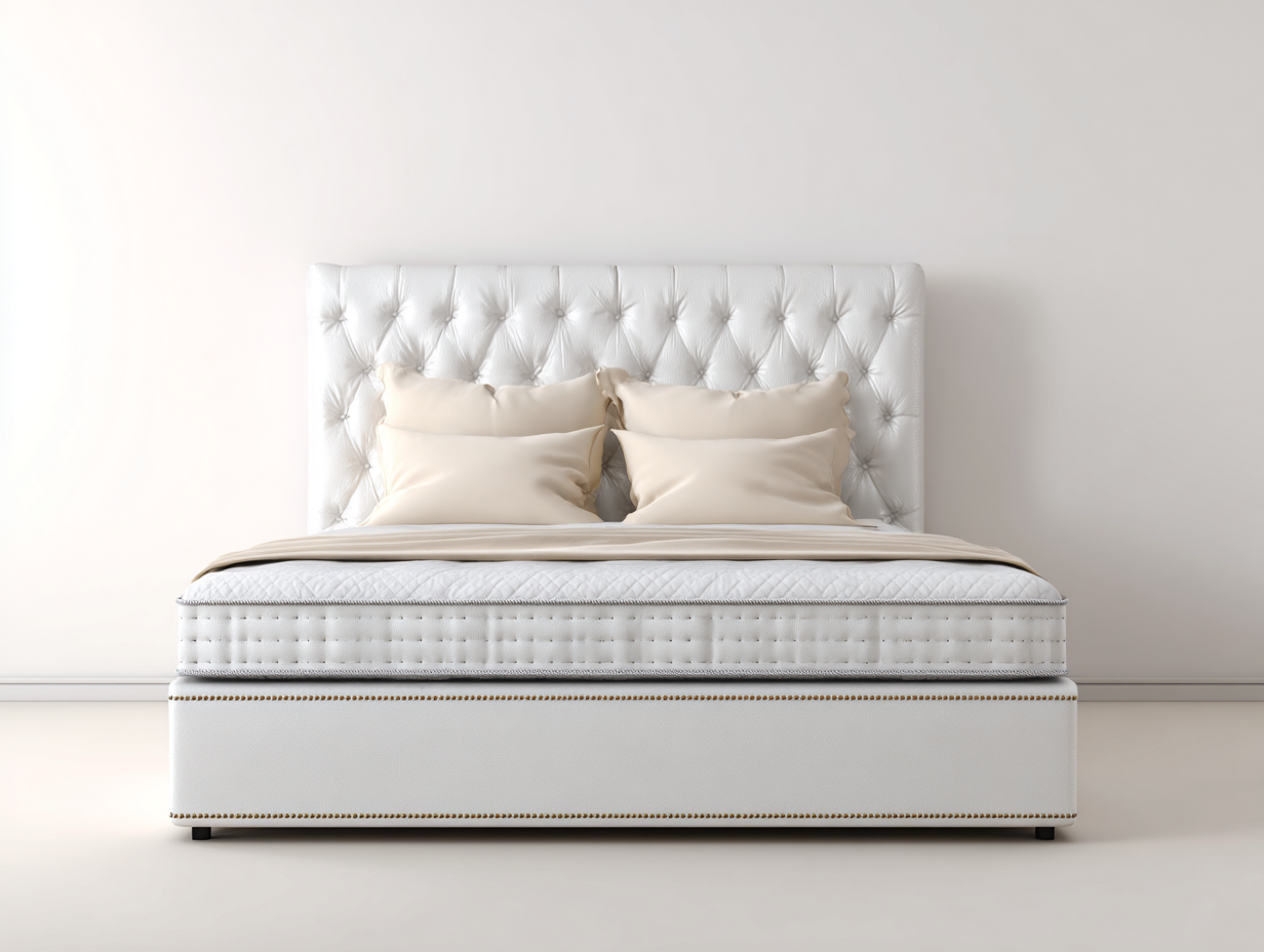 Queen Bed Upholstered Frame 80x60x52 inches - White-Beige - Elegant Bedroom Design