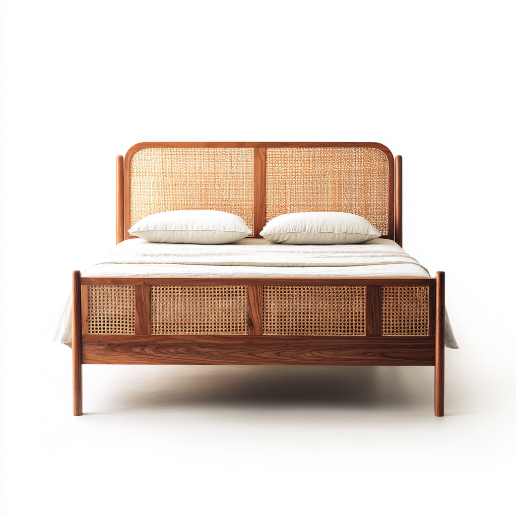 Queen Bed Solid Wood Cane Headboard 84x63x54 inches - Brown-Beige - Modern Bedroom Design