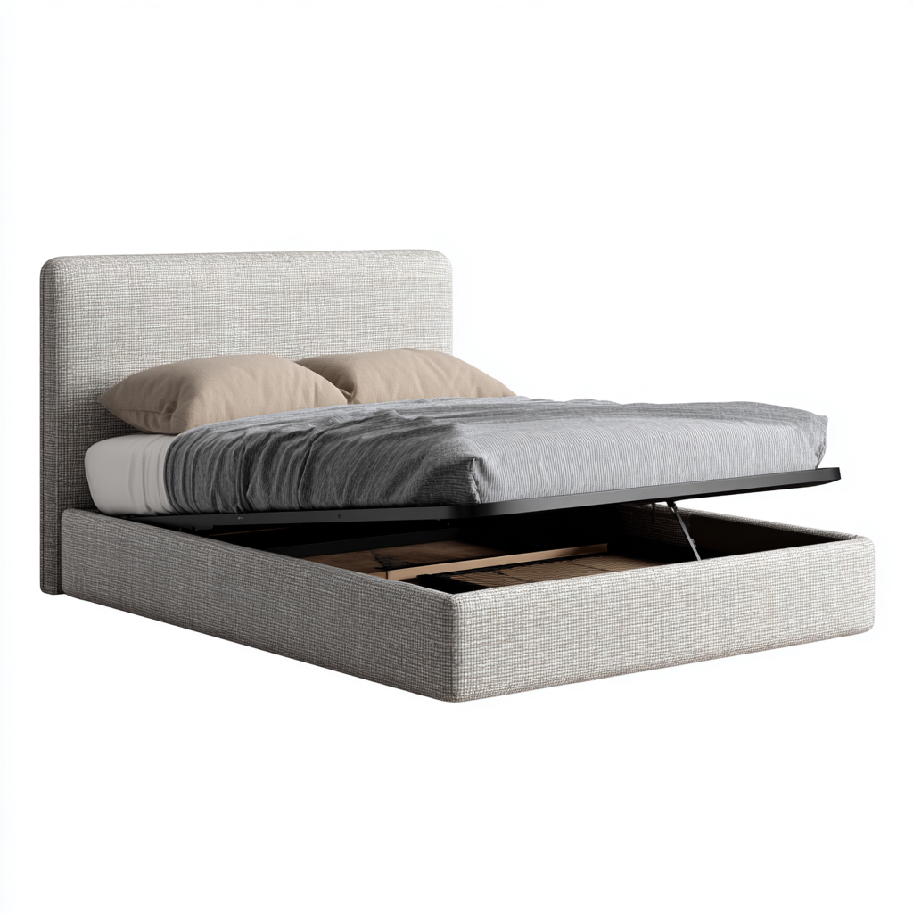 Queen Bed upholstered frame with lift up storage 80x60x46 inches for bedroom - beige-gray - modern design-Livingilo