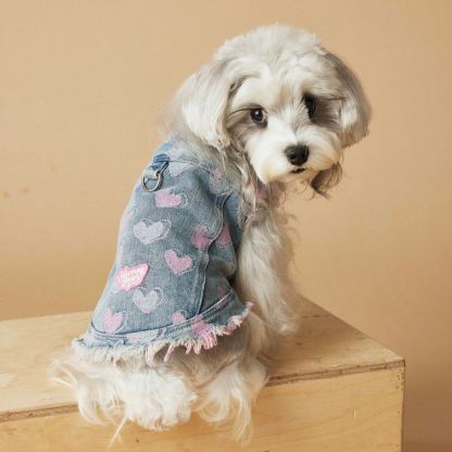 Pink Heart Distressed Denim Pet Vest 