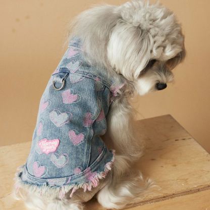 Pink Heart Distressed Denim Pet Vest 