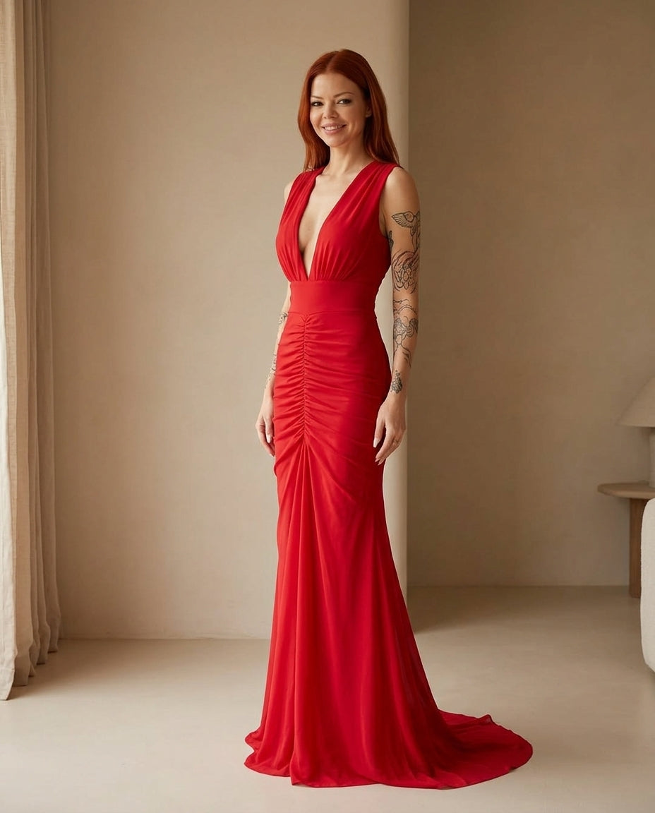 Red Aura Evening Ruched Maxi Dress Red Maxi Dress with Relaxed Fit silhouette and Ribbed Knit texture, front view product image for Date Night, a polished coastal brunch, US East / Hamptons Elite by Rieiss