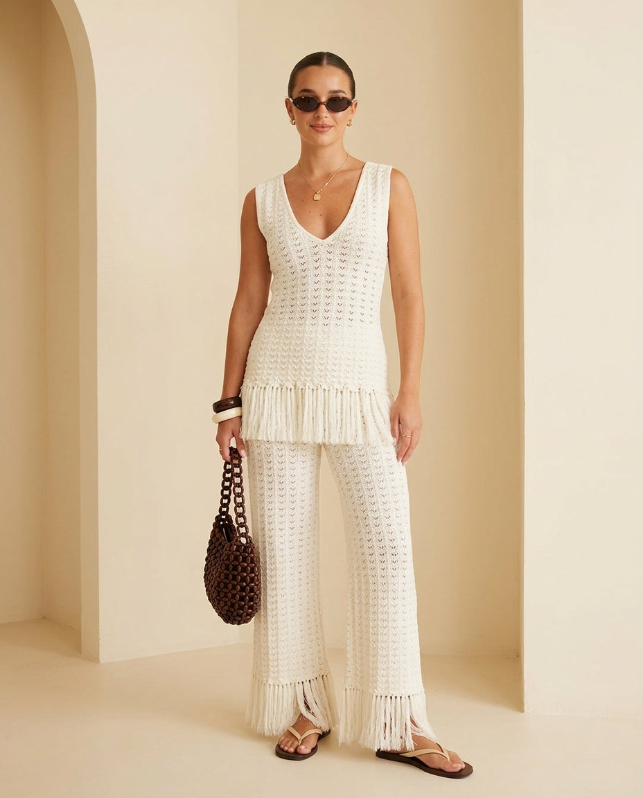 Ivory Bloom Resort Printed Romper Ivory Romper with Wide-Leg silhouette and Ribbed Knit texture, front view product image for Resort Wear, Coffee in Marais, Euro Chic Premium by Rieiss