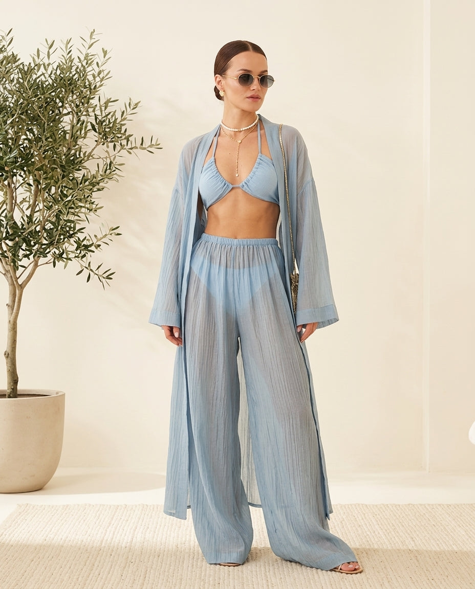 Light Blue Muse Resort Pleated Jacket Light Blue Jacket with Relaxed Fit silhouette and Textured texture, front view product image for Resort Wear, a private garden lunch, US East / Hamptons Elite by Rieiss