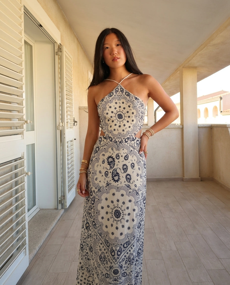 Ivory Aura Resort Printed Maxi Dress Ivory Maxi Dress with Asymmetric silhouette and Textured texture, front view product image for Resort Wear, a Palm Springs weekend, US Coastal Glam by Rieiss