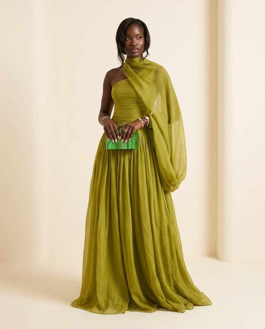 Sage Solace Evening Ruched Maxi Dress Sage Maxi Dress with Asymmetric silhouette and Textured texture, front view product image for Date Night, an estate dinner at golden hour, US East / Hamptons Elite by Rieiss