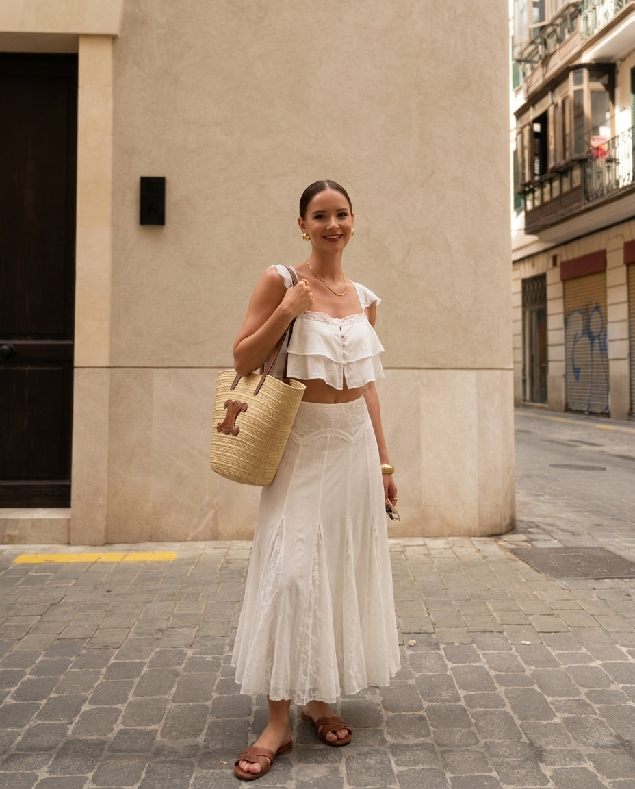 Ivory Poise Resort Eyelet Skirt Set Ivory Skirt Set with Cropped silhouette and Textured texture, front view product image for Resort Wear, Evening in Amalfi, Euro Chic Premium by rieiss