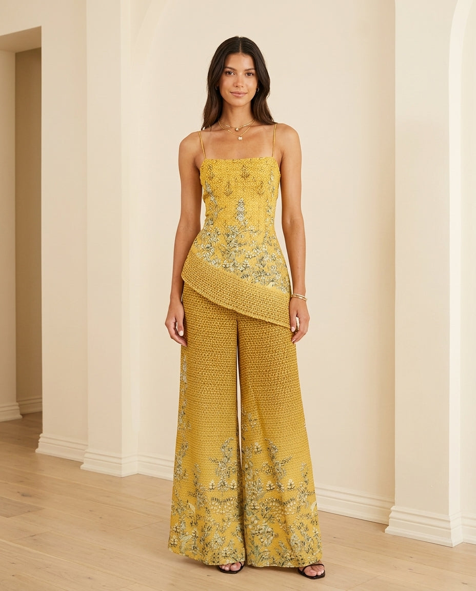 Butter Yellow Poise Resort Floral Pant Set Butter Yellow Pant Set with Asymmetric silhouette and Ribbed Knit texture, front view product image for Resort Wear, a Palm Springs weekend, US Coastal Glam by rieiss