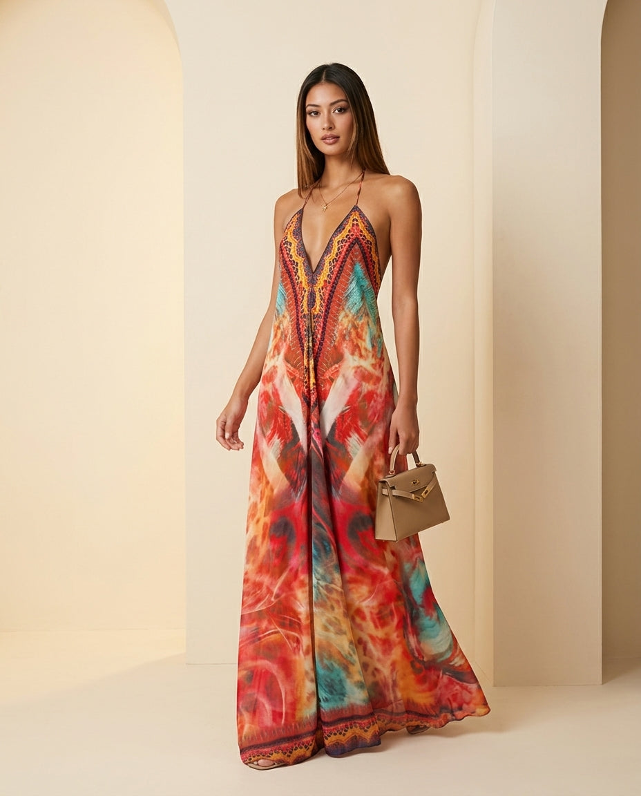 Orange Velvet Resort Abstract Print Maxi Dress Orange Maxi Dress with Asymmetric silhouette and Textured texture, front view product image for Resort Wear, a Palm Springs weekend, US Coastal Glam by rieiss