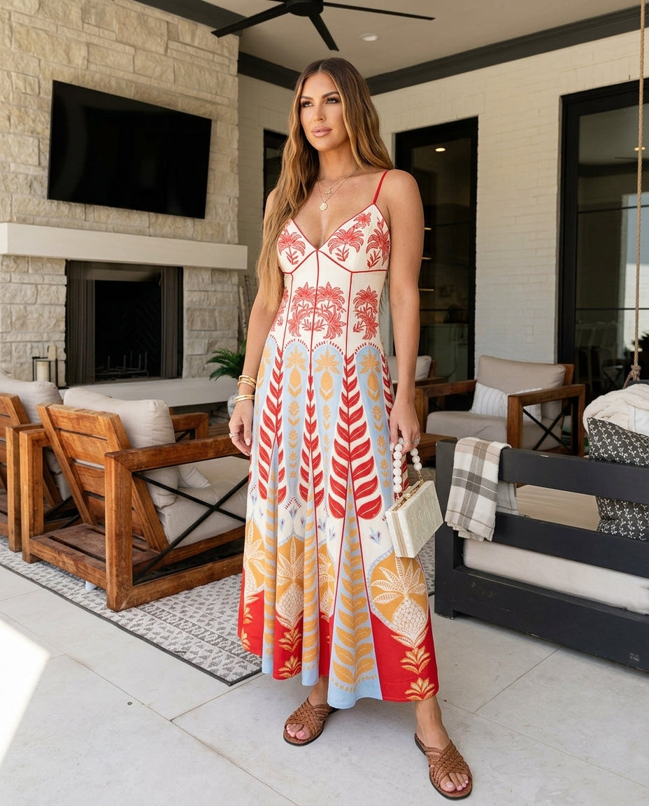 Ivory Reverie Resort Printed Maxi Dress Ivory Maxi Dress with Asymmetric silhouette and Textured texture, front view product image for Resort Wear, a private garden lunch, US East / Hamptons Elite by -