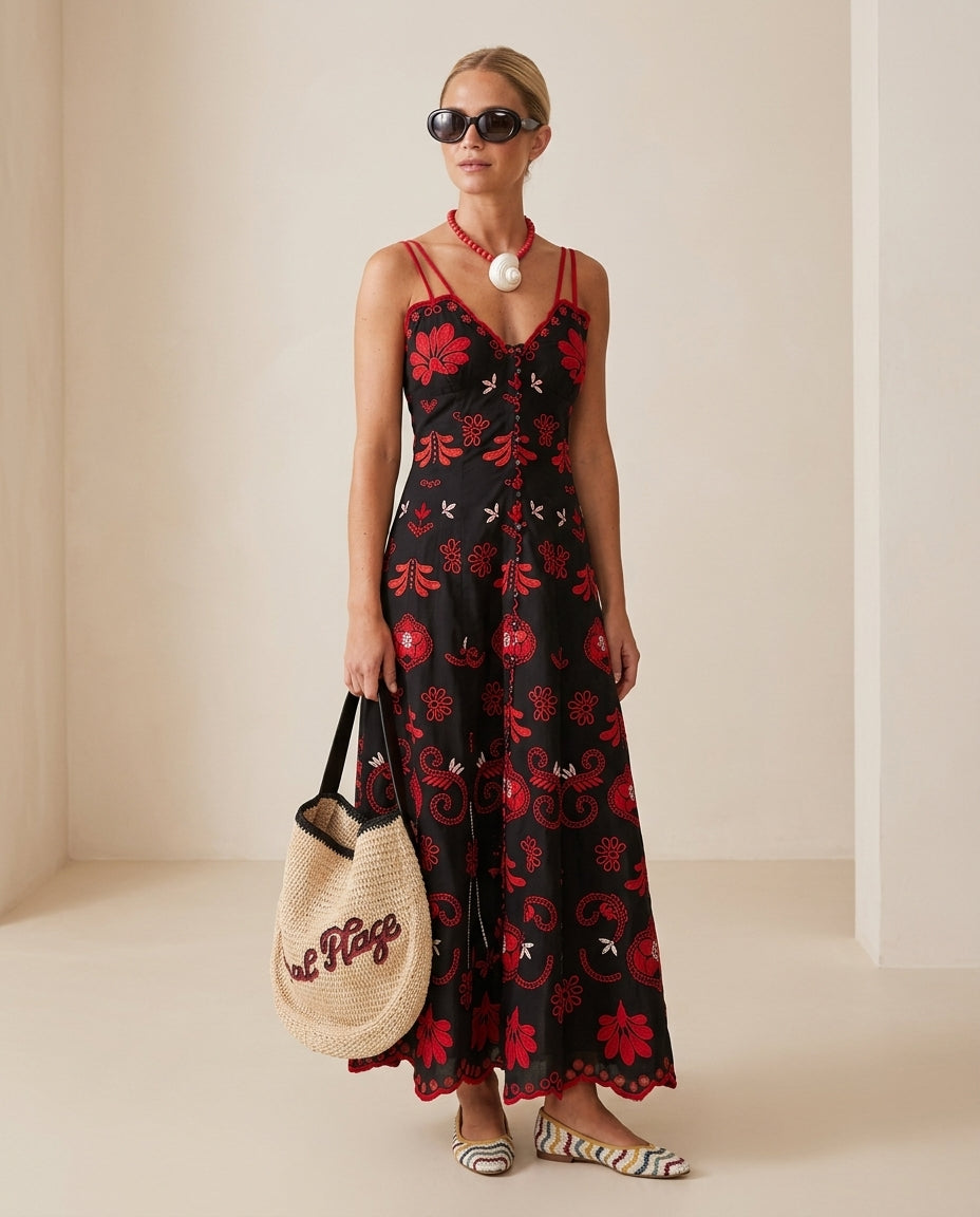 Black Allure Resort Embroidered Maxi Dress Black Maxi Dress with Relaxed Fit silhouette and Textured texture, front view product image for Resort Wear, a gallery opening in Paris, Euro Chic Premium by -