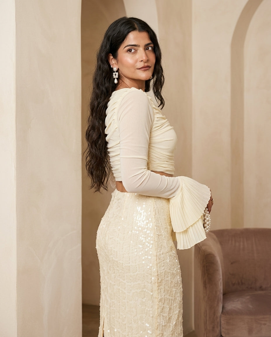 Ivory Lustre Evening Ruched Two-Piece Set Ivory Two-Piece Set with Asymmetric silhouette and Textured texture, front view product image for Date Night, a rooftop dinner in LA, US Coastal Glam