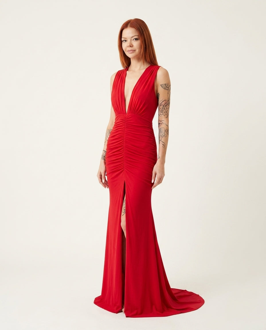 Red Aura Evening Ruched Maxi Dress Red Maxi Dress with Relaxed Fit silhouette and Ribbed Knit texture, clean studio product view for Date Night, a polished coastal brunch, US East / Hamptons Elite by Rieiss
