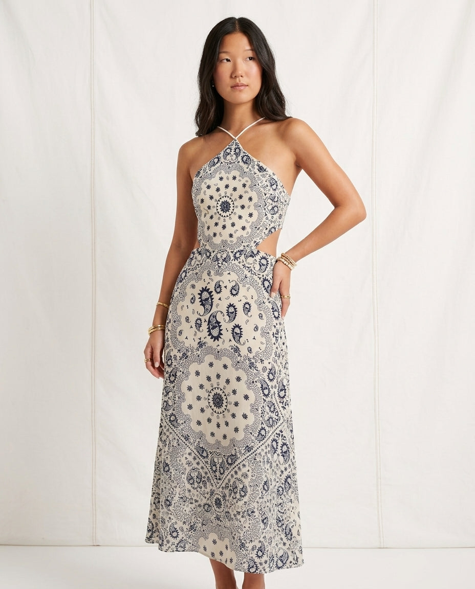 Ivory Aura Resort Printed Maxi Dress Ivory Maxi Dress with Asymmetric silhouette and Textured texture, clean studio product view for Resort Wear, a Palm Springs weekend, US Coastal Glam by Rieiss