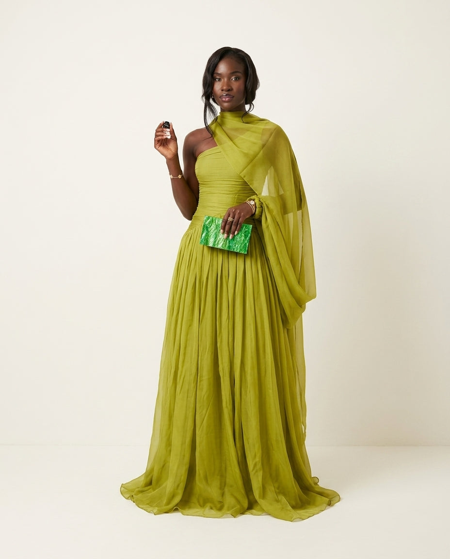 Sage Solace Evening Ruched Maxi Dress Sage Maxi Dress with Asymmetric silhouette and Textured texture, clean studio product view for Date Night, an estate dinner at golden hour, US East / Hamptons Elite by Rieiss
