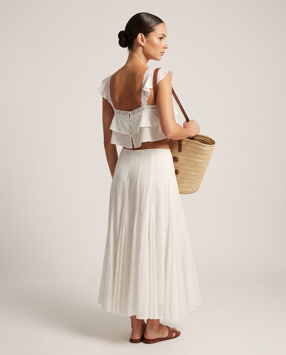 Ivory Poise Resort Eyelet Skirt Set Ivory Skirt Set with Cropped silhouette and Textured texture, clean studio product view for Resort Wear, Evening in Amalfi, Euro Chic Premium by rieiss