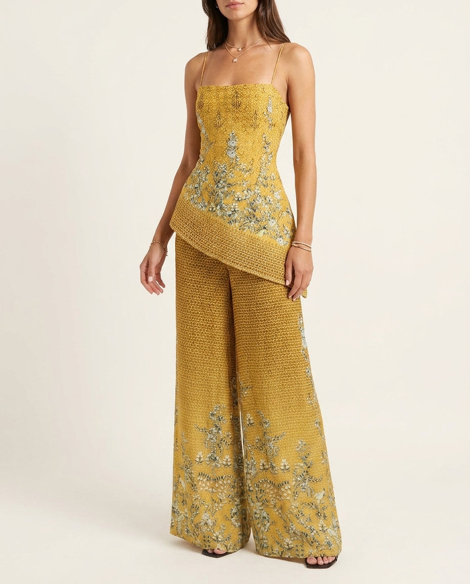 Butter Yellow Poise Resort Floral Pant Set Butter Yellow Pant Set with Asymmetric silhouette and Ribbed Knit texture, clean studio product view for Resort Wear, a Palm Springs weekend, US Coastal Glam by rieiss
