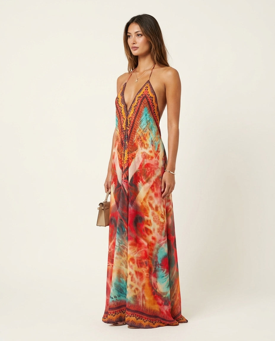 Orange Velvet Resort Abstract Print Maxi Dress Orange Maxi Dress with Asymmetric silhouette and Textured texture, clean studio product view for Resort Wear, a Palm Springs weekend, US Coastal Glam by rieiss