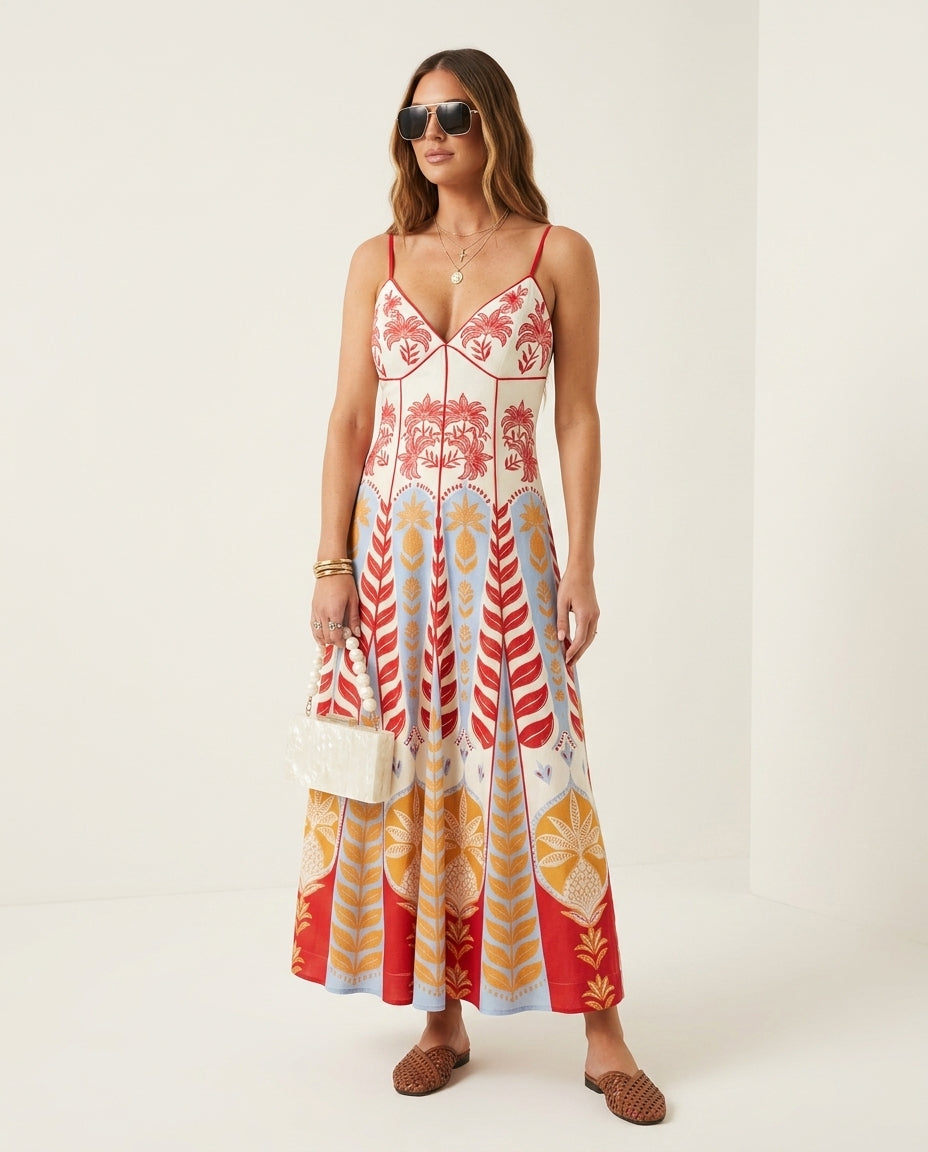 Ivory Reverie Resort Printed Maxi Dress Ivory Maxi Dress with Asymmetric silhouette and Textured texture, clean studio product view for Resort Wear, a private garden lunch, US East / Hamptons Elite by -