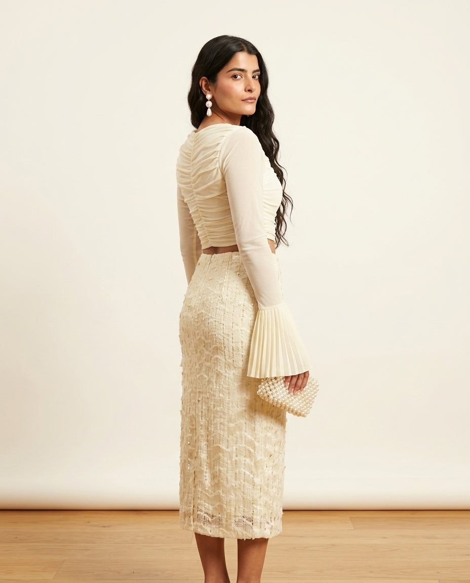 Ivory Lustre Evening Ruched Two-Piece Set Ivory Two-Piece Set with Asymmetric silhouette and Textured texture, clean studio product view for Date Night, a rooftop dinner in LA, US Coastal Glam