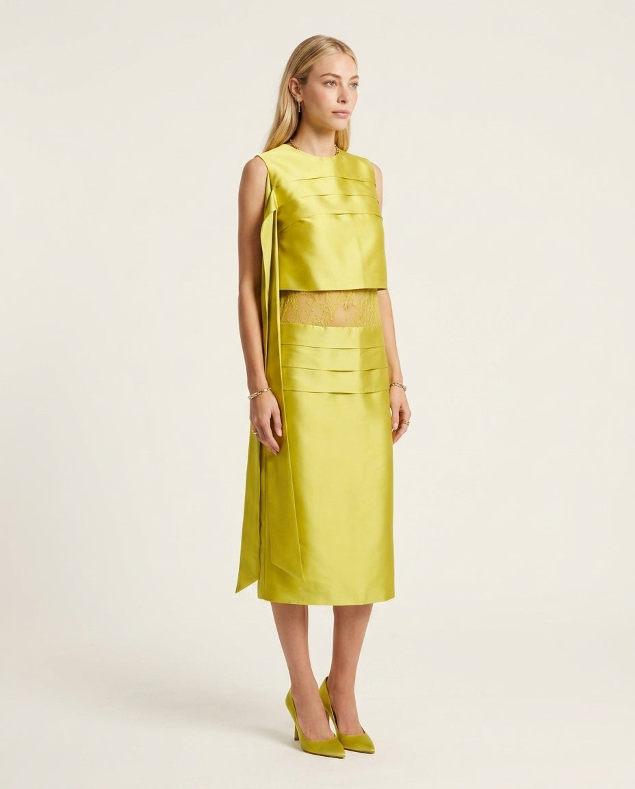 Lime Charm Evening Lace Two-Piece Set Lime Two-Piece Set with Asymmetric silhouette and Satin texture, clean studio product view for Date Night, a Palm Springs weekend, US Coastal Glam