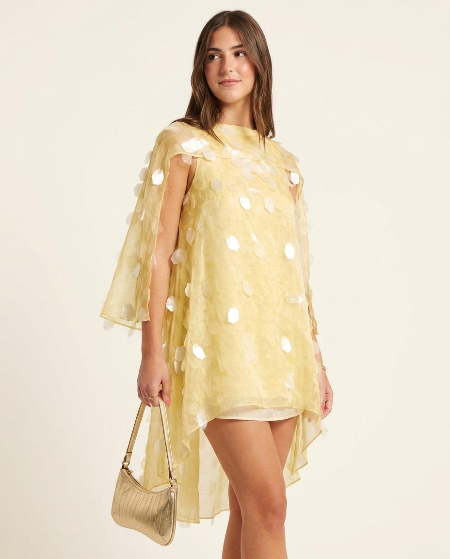 Butter Yellow Grace Evening Sheer Maxi Dress Butter Yellow Maxi Dress with Asymmetric silhouette and Textured texture, clean studio product view for Resort Wear, Evening in Amalfi, Euro Chic Premium by -