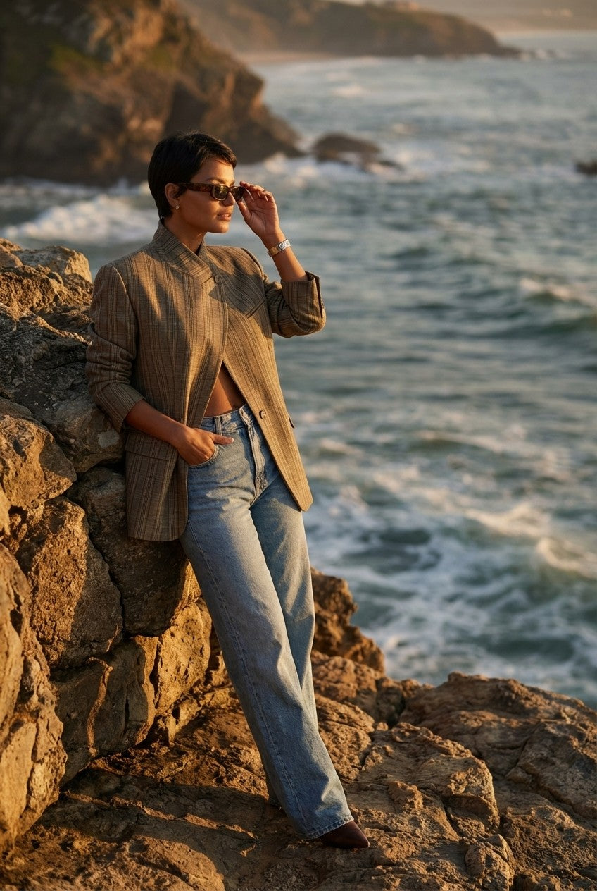 Textured Plaid Asymmetrical Blazer Stand Collar Tailored Jacket