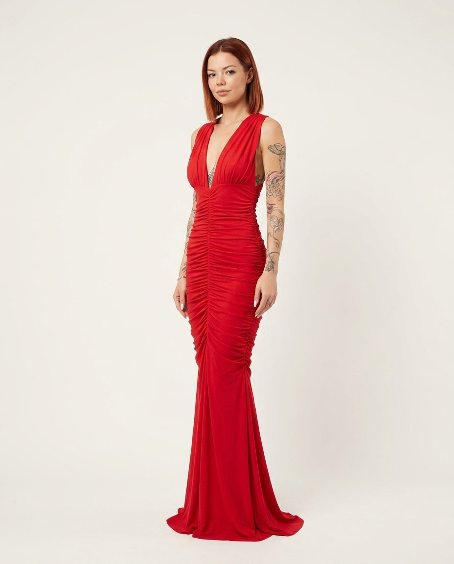 Red Aura Evening Ruched Maxi Dress Red Maxi Dress with Relaxed Fit silhouette and Ribbed Knit texture, side or back garment view for Date Night, a polished coastal brunch, US East / Hamptons Elite by Rieiss