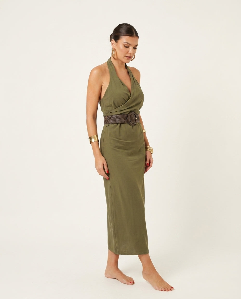 Olive Green Reverie Resort Linen Maxi Dress Olive Green Maxi Dress with Asymmetric silhouette and Linen Blend texture, side or back garment view for Resort Wear, a polished coastal brunch, US East / Hamptons Elite by Rieiss