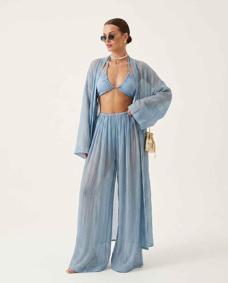 Light Blue Muse Resort Pleated Jacket Light Blue Jacket with Relaxed Fit silhouette and Textured texture, side or back garment view for Resort Wear, a private garden lunch, US East / Hamptons Elite by Rieiss