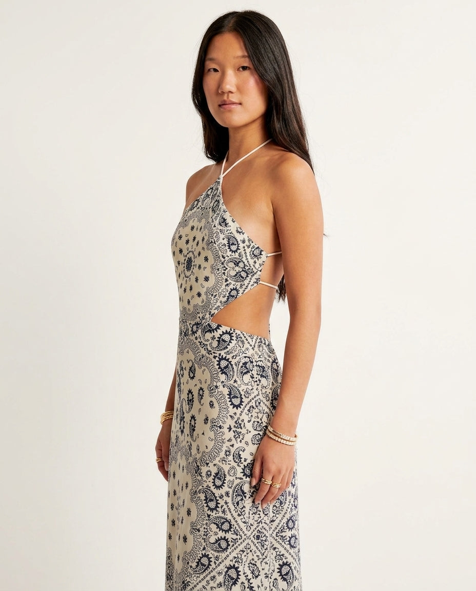 Ivory Aura Resort Printed Maxi Dress Ivory Maxi Dress with Asymmetric silhouette and Textured texture, side or back garment view for Resort Wear, a Palm Springs weekend, US Coastal Glam by Rieiss