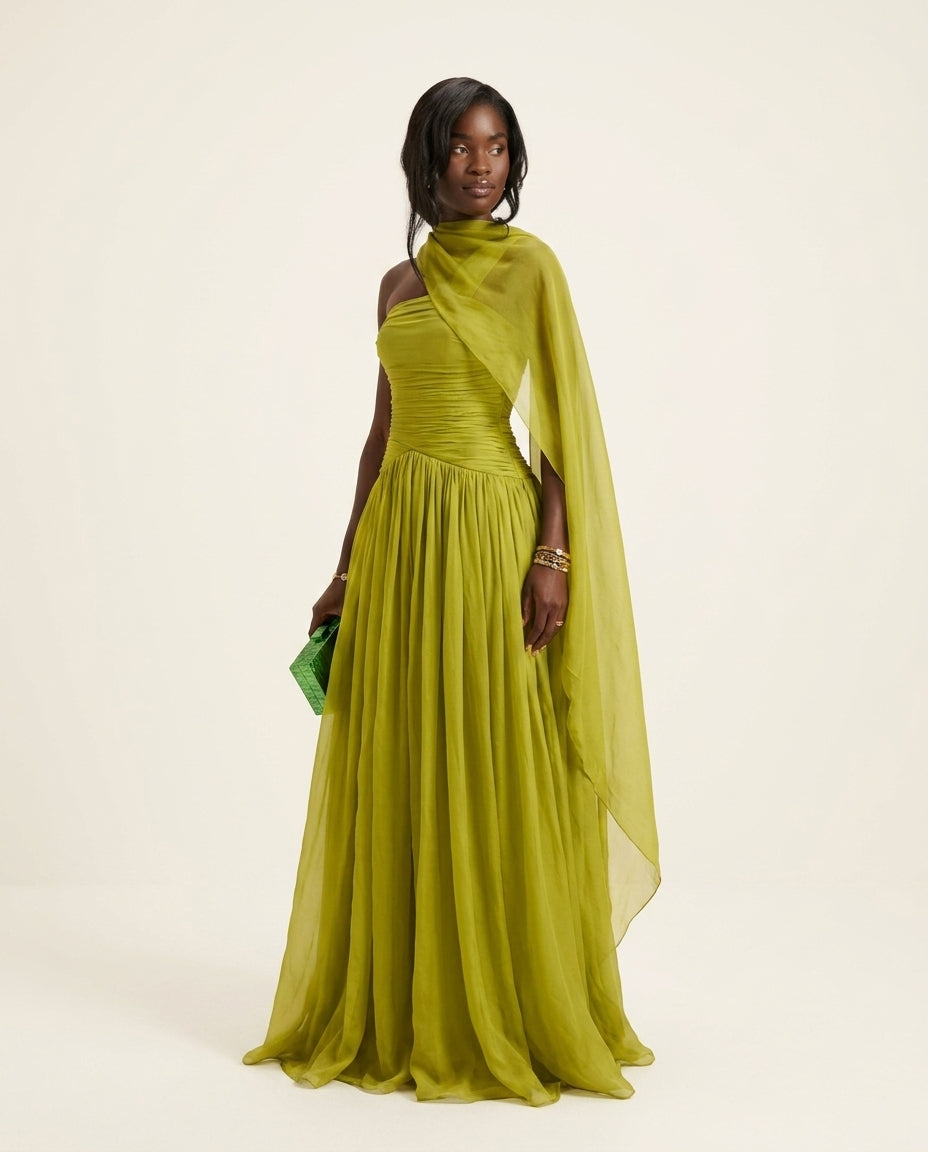 Sage Solace Evening Ruched Maxi Dress Sage Maxi Dress with Asymmetric silhouette and Textured texture, side or back garment view for Date Night, an estate dinner at golden hour, US East / Hamptons Elite by Rieiss