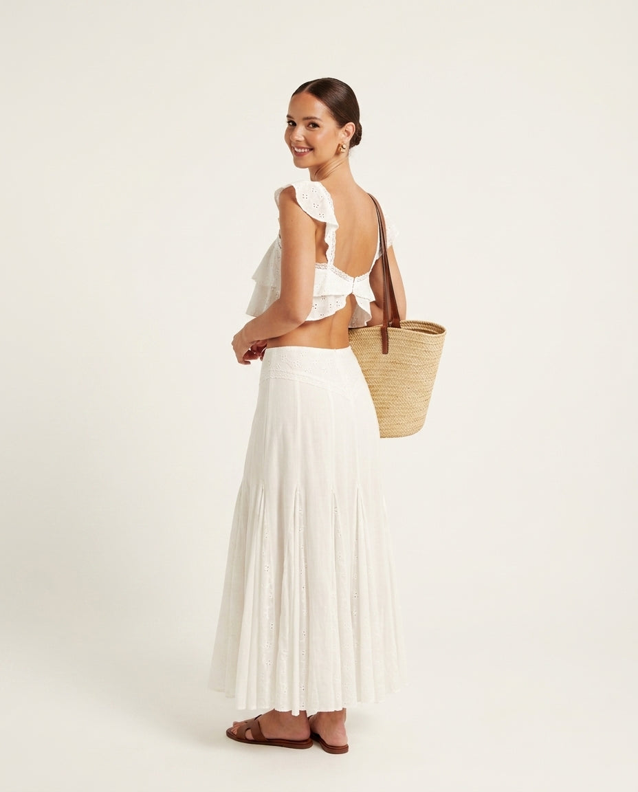Ivory Poise Resort Eyelet Skirt Set Ivory Skirt Set with Cropped silhouette and Textured texture, side or back garment view for Resort Wear, Evening in Amalfi, Euro Chic Premium by rieiss
