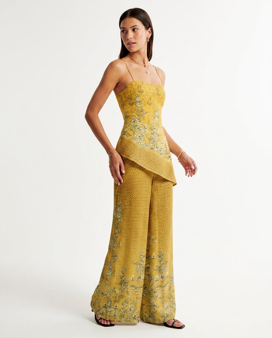 Butter Yellow Poise Resort Floral Pant Set Butter Yellow Pant Set with Asymmetric silhouette and Ribbed Knit texture, side or back garment view for Resort Wear, a Palm Springs weekend, US Coastal Glam by rieiss