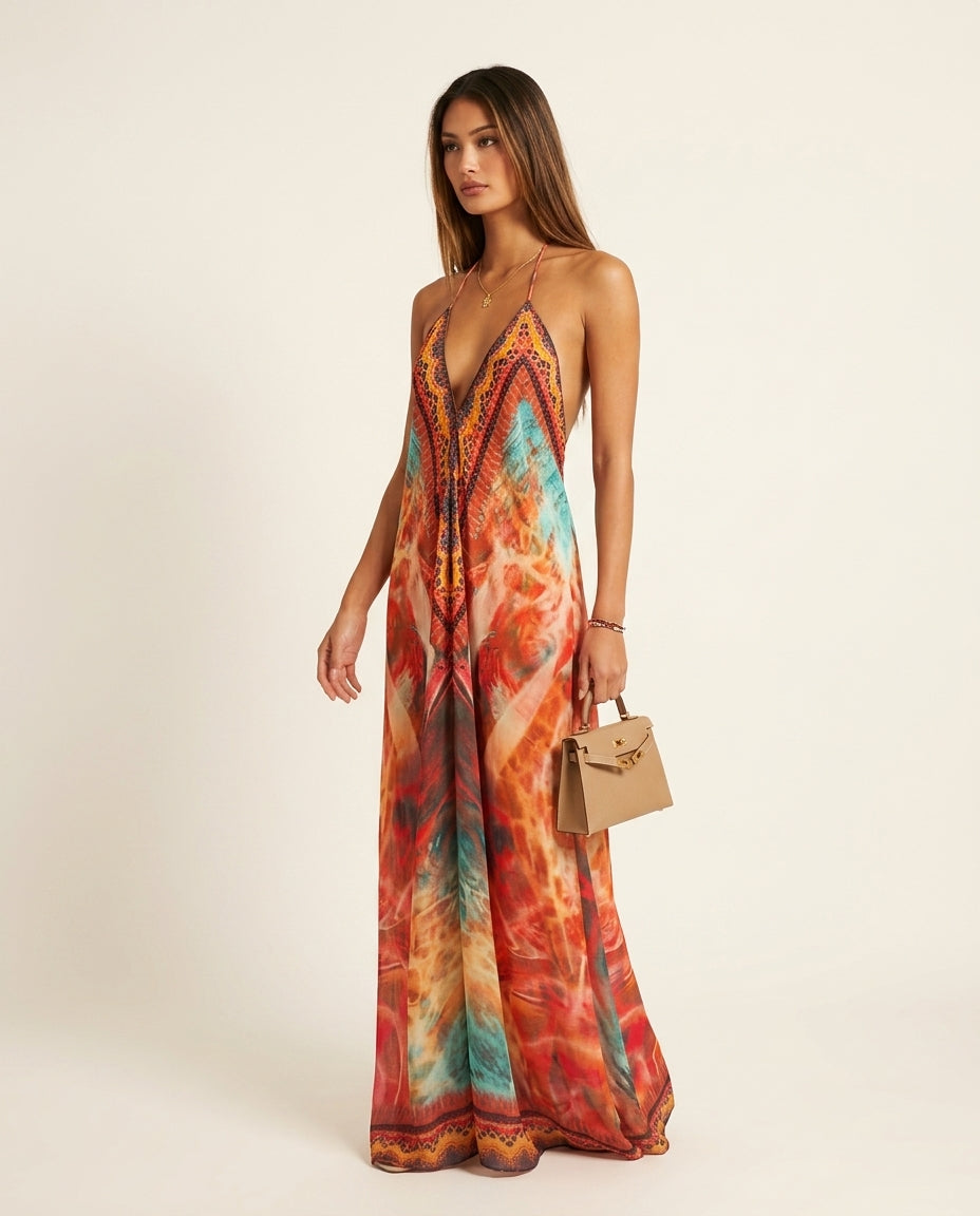 Orange Velvet Resort Abstract Print Maxi Dress Orange Maxi Dress with Asymmetric silhouette and Textured texture, side or back garment view for Resort Wear, a Palm Springs weekend, US Coastal Glam by rieiss