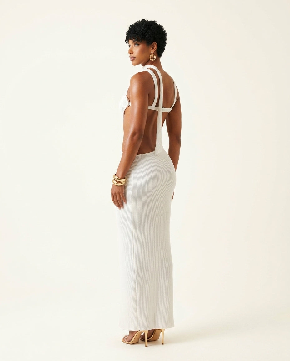 Ivory Whisper Evening Ribbed Maxi Dress Ivory Maxi Dress with Asymmetric silhouette and Ribbed Knit texture, side or back garment view for Resort Wear, a London dinner reservation, Euro Chic Premium by -