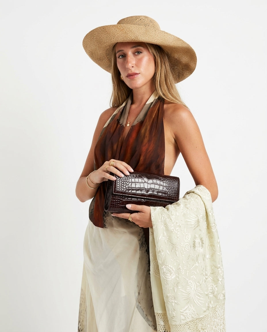 Brown Glow Resort Abstract Print Maxi Dress Brown Maxi Dress with Asymmetric silhouette and Textured texture, side or back garment view for Resort Wear, a Palm Springs weekend, US Coastal Glam by -