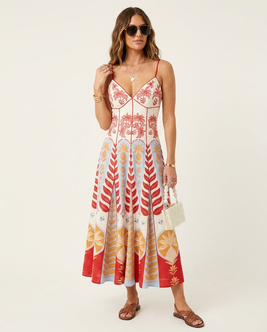 Ivory Reverie Resort Printed Maxi Dress Ivory Maxi Dress with Asymmetric silhouette and Textured texture, side or back garment view for Resort Wear, a private garden lunch, US East / Hamptons Elite by -