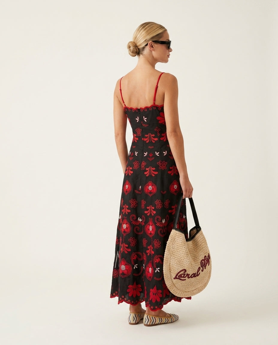 Black Allure Resort Embroidered Maxi Dress Black Maxi Dress with Relaxed Fit silhouette and Textured texture, side or back garment view for Resort Wear, a gallery opening in Paris, Euro Chic Premium by -