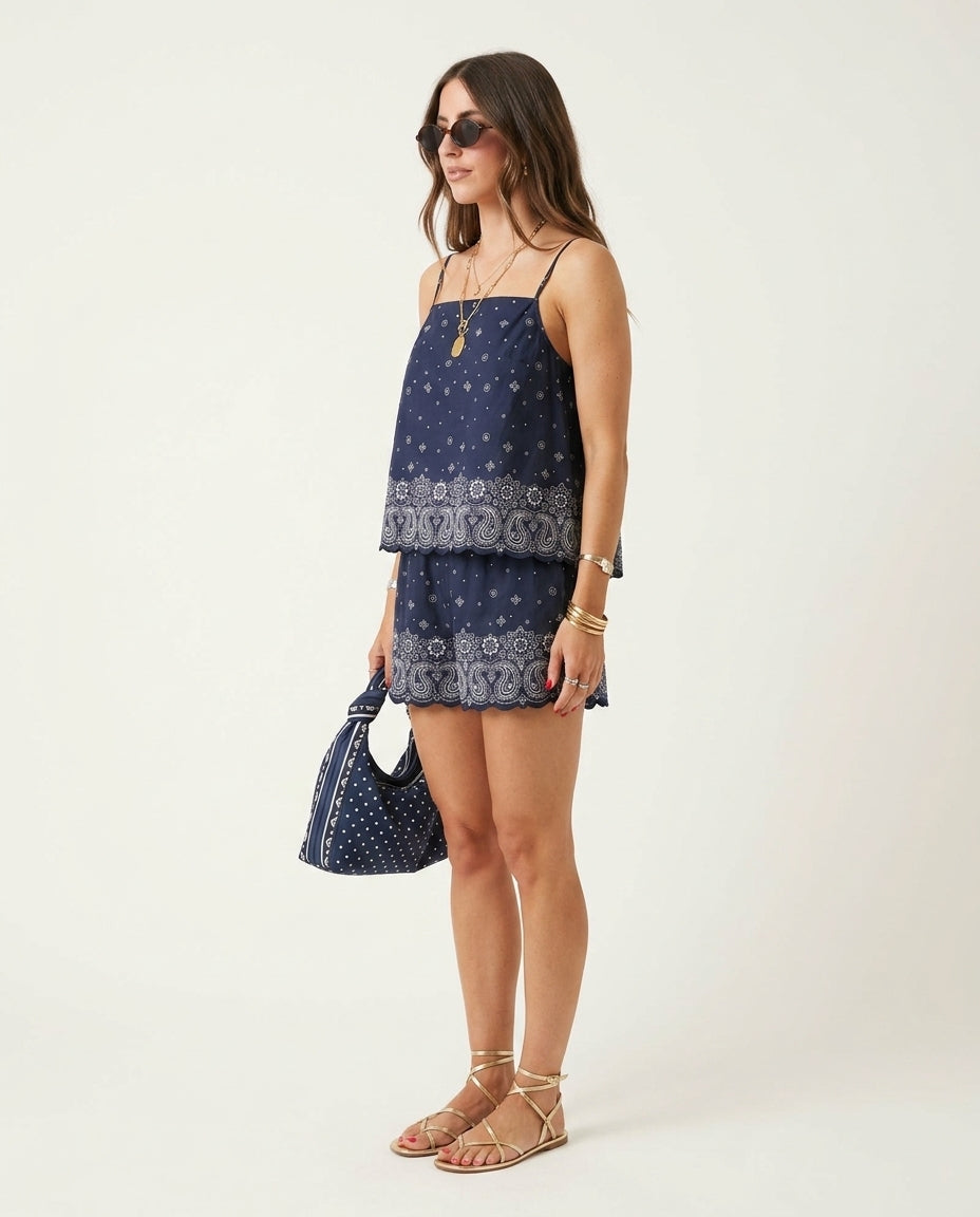 Navy Charm Resort Printed Short Set Navy Short Set with Asymmetric silhouette and Textured texture, side or back garment view for Resort Wear, a London dinner reservation, Euro Chic Premium by -