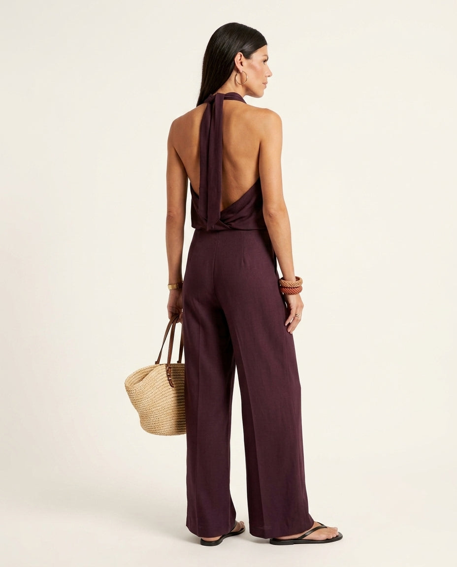 Lilac Glow Summer Halter Jumpsuit Lilac Jumpsuit with Wide-Leg silhouette and Textured texture, side or back garment view for Vacation Night, Weekend in The Hamptons, US East / Hamptons Elite