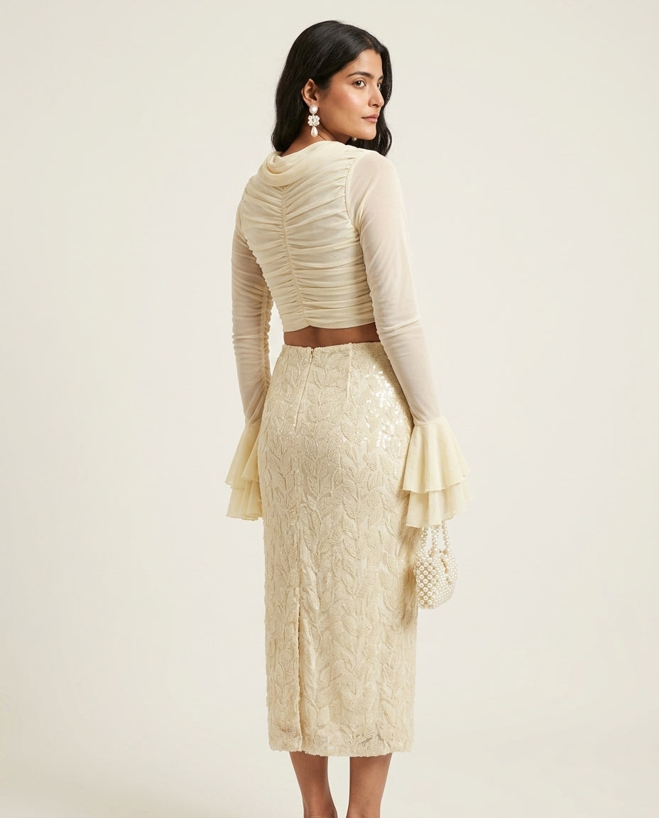 Ivory Lustre Evening Ruched Two-Piece Set Ivory Two-Piece Set with Asymmetric silhouette and Textured texture, side or back garment view for Date Night, a rooftop dinner in LA, US Coastal Glam